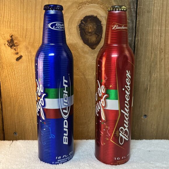 Lot of 2 Cinco de Mayo Aluminum Bottles Bud Light Blue Budweiser Red - Picture 1 of 10